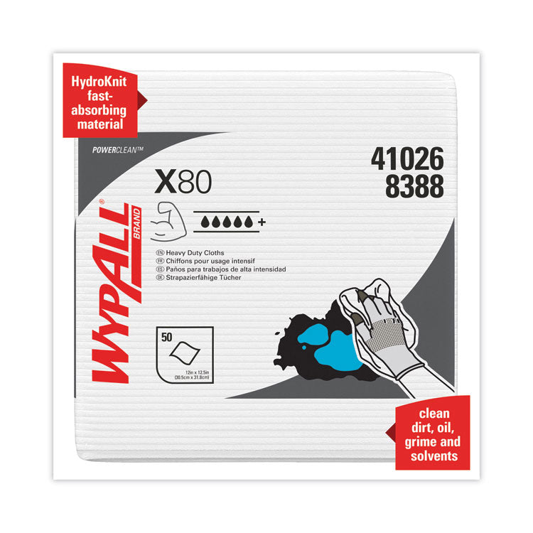 WypAll® Power Clean X80 Heavy Duty Cloths, 1/4 Fold, 12.5 x 12, White, 50/Box, 4 Boxes/Carton (KCC41026)