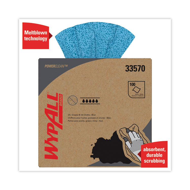 WypAll® Power Clean Oil, Grease and Ink Cloths, POP-UP Box, 8.8 x 16.8, Blue, 100/Box, 5/Carton (KCC33570)