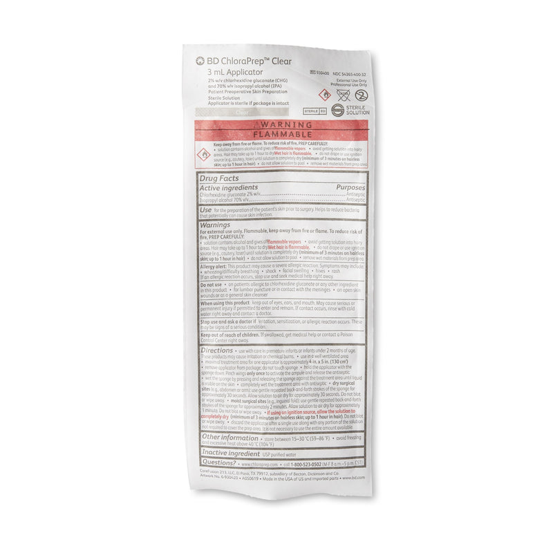 ChloraPrep™ Clear Skin Prep Solution 3 mL Foam Applicator 2% / 70% Strength CHG (Chlorhexidine Gluconate) / Isopropyl Alcohol Sterile (1189869_CS) 100/CS