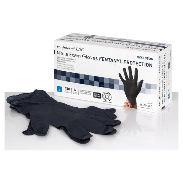 McKesson Confiderm® LDC Exam Glove Large NonSterile Nitrile Standard Cuff Length Fully Textured Black Chemo Tested / Fentanyl Tested (1159335_CS) 2500/CS