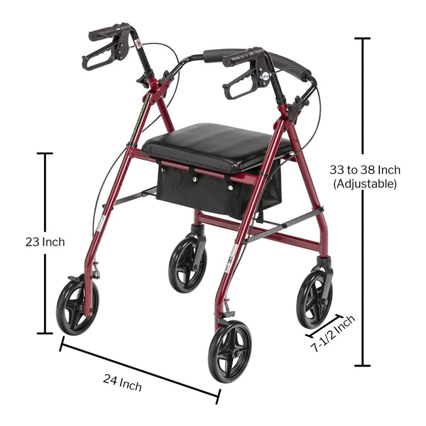 McKesson 4 Wheel Rollator Red Adjustable Height Aluminum Frame (1205410_CS) 1/CS