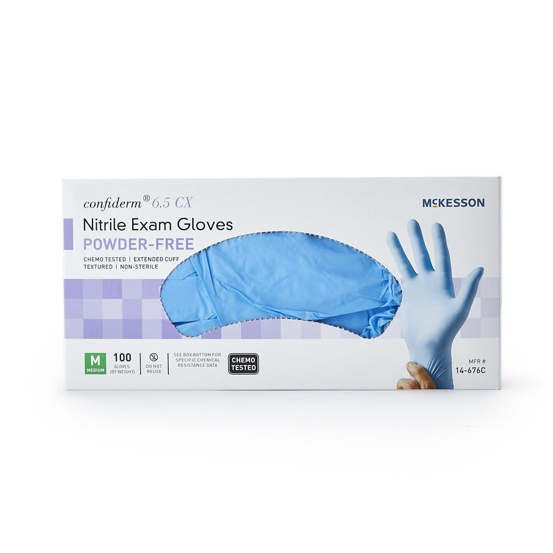 McKesson Confiderm® 6.5CX Exam Glove Medium NonSterile Nitrile Extended Cuff Length Textured Fingertips Blue Chemo Tested (921607_BX) 100/BX