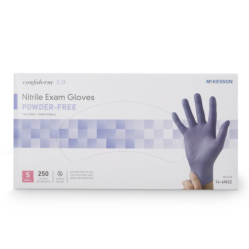 McKesson Confiderm® 3.0 Exam Glove Small NonSterile Nitrile Standard Cuff Length Textured Fingertips Blue Not Rated (957801_BX) 1/BX