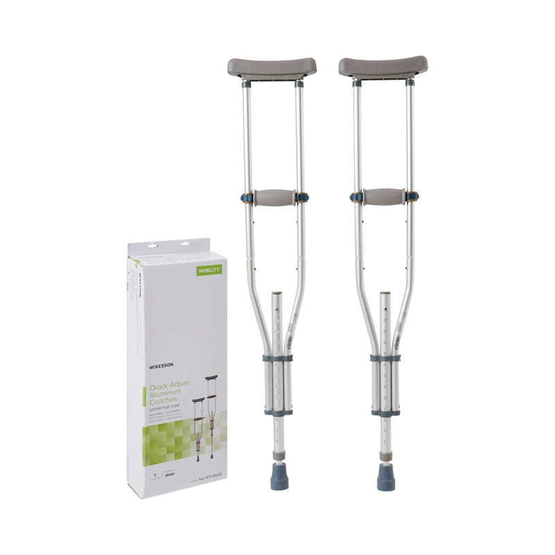 McKesson Underarm Crutches Youth / Adult / Tall Adult 4 Foot 6 Inch to 6 Foot 6 Inch User Height Aluminum Frame 300 lbs. Weight Capacity (1095263_CS) 8/CS