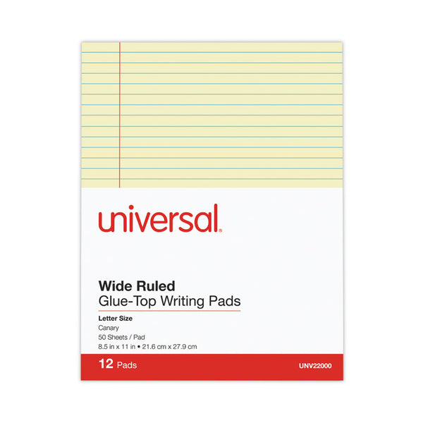 Universal® Glue Top Pads, Wide/Legal Rule, 50 Canary-Yellow 8.5 x 11 Sheets, Dozen (UNV22000)