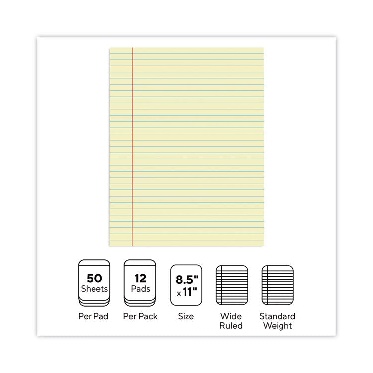 Universal® Glue Top Pads, Wide/Legal Rule, 50 Canary-Yellow 8.5 x 11 Sheets, Dozen (UNV22000)