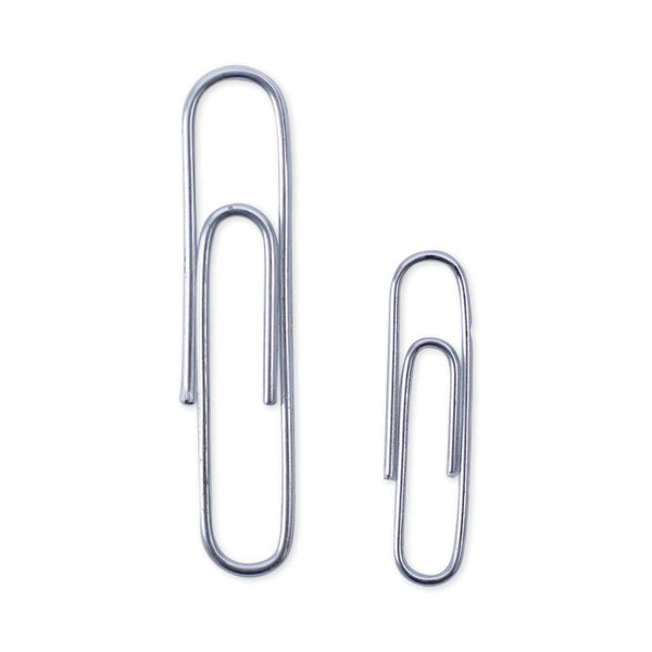 Universal® Plastic-Coated Paper Clips with One-Compartment Storage Tub, (750) #1 (1.3"), (250) Jumbo (2"), Silver (UNV21001)