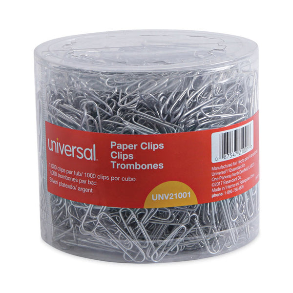 Universal® Plastic-Coated Paper Clips with One-Compartment Storage Tub, (750) #1 (1.3"), (250) Jumbo (2"), Silver (UNV21001)