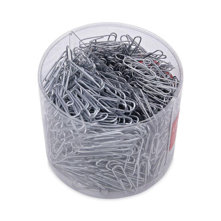 Universal® Plastic-Coated Paper Clips with One-Compartment Storage Tub, (750) #1 (1.3"), (250) Jumbo (2"), Silver (UNV21001)