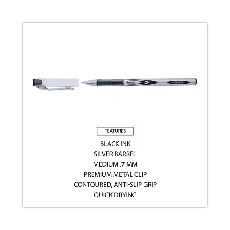 Universal™ Gel Pen, Stick, Medium 0.7 mm, Black Ink, Silver/Black Barrel, Dozen (UNV39620)