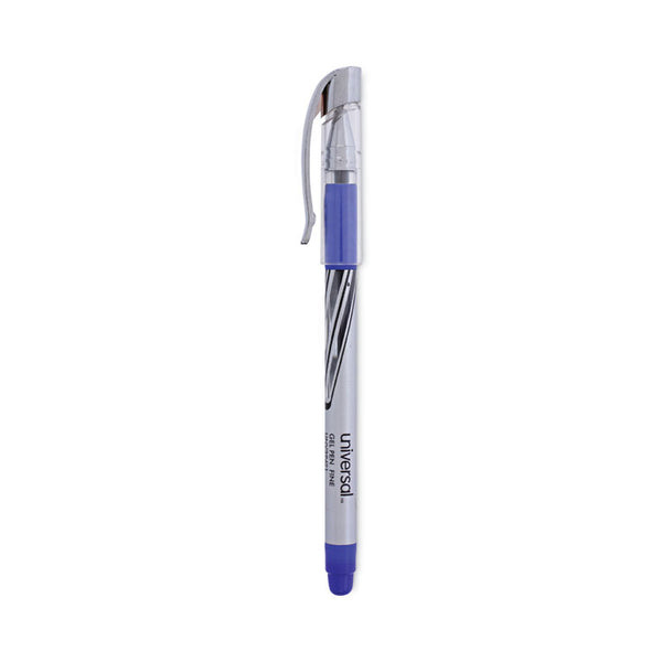 Universal™ Gel Pen, Stick, Medium 0.7 mm, Blue Ink, Silver/Blue Barrel, Dozen (UNV39621)