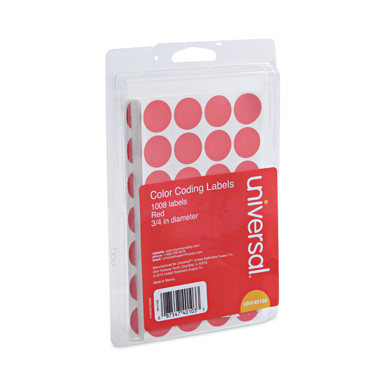 Universal® Self-Adhesive Removable Color-Coding Labels, 0.75" dia, Red, 28/Sheet, 36 Sheets/Pack (UNV40103)