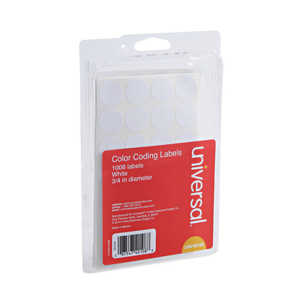 Universal® Self-Adhesive Removable Color-Coding Labels, 0.75" dia, White, 28/Sheet, 36 Sheets/Pack (UNV40108)