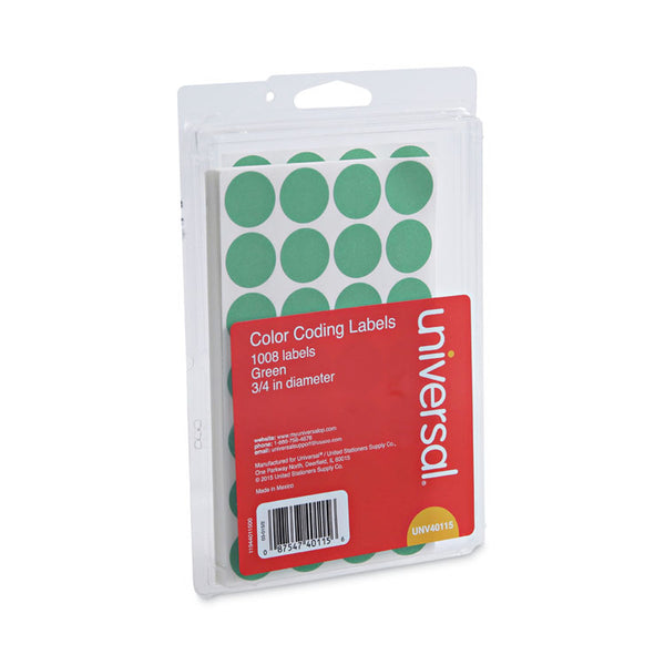 Universal® Self-Adhesive Removable Color-Coding Labels, 0.75" dia, Green, 28/Sheet, 36 Sheets/Pack (UNV40115)