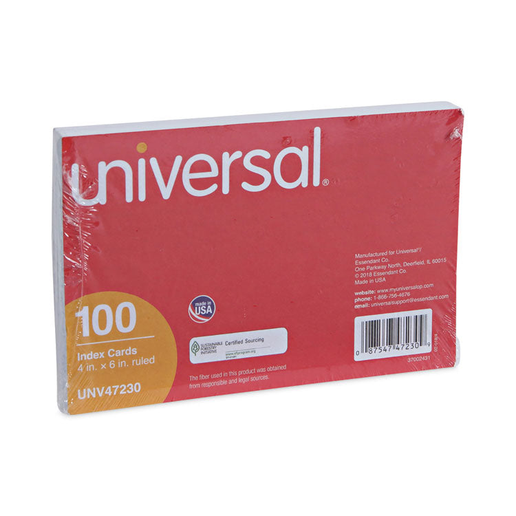 Universal® Ruled Index Cards, 4 x 6, White, 100/Pack (UNV47230)