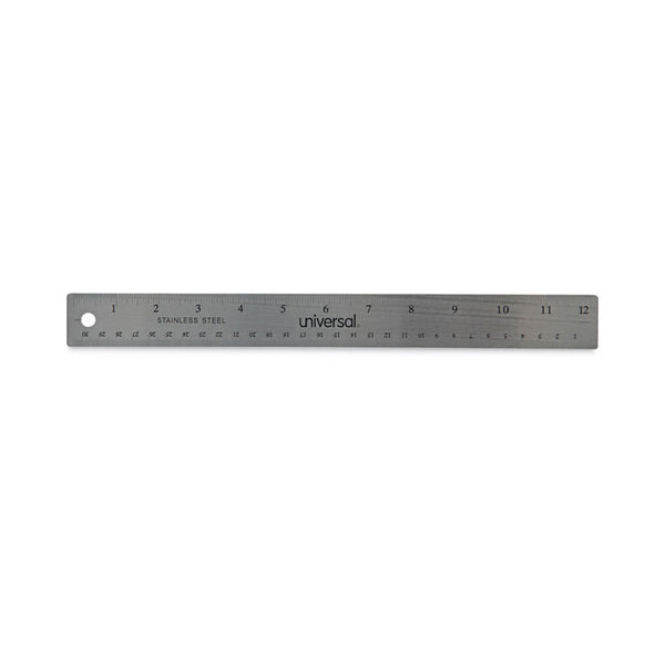 Universal® Stainless Steel Ruler with Cork Back and Hanging Hole, Standard/Metric, 12" Long (UNV59023)