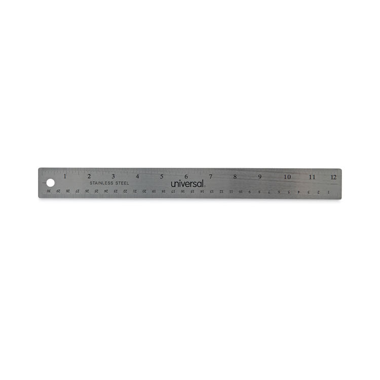 Universal® Stainless Steel Ruler with Cork Back and Hanging Hole, Standard/Metric, 12" Long (UNV59023) Each