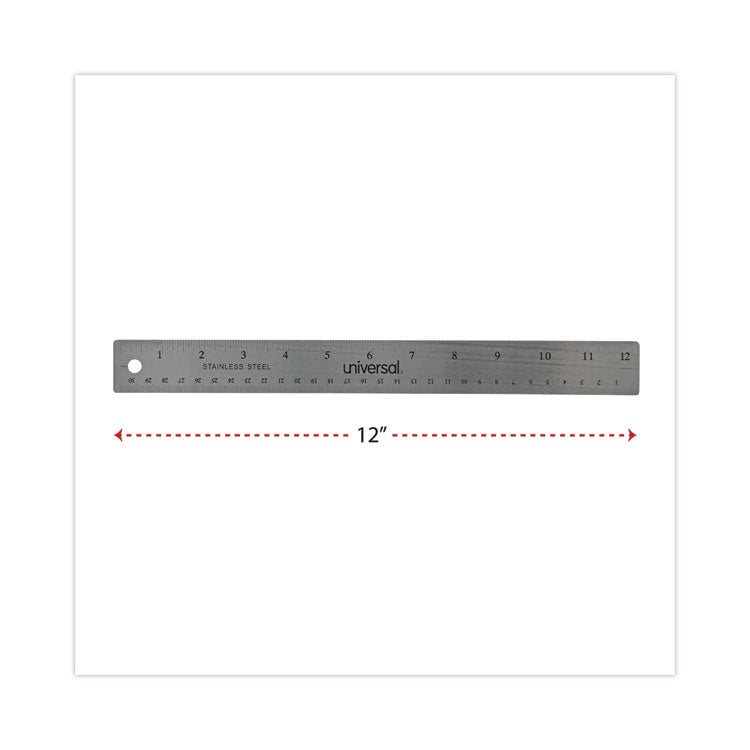 Universal® Stainless Steel Ruler with Cork Back and Hanging Hole, Standard/Metric, 12" Long (UNV59023) Each