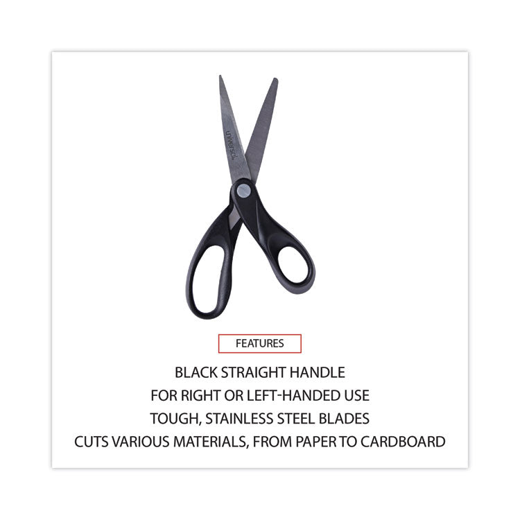 Universal® Stainless Steel Office Scissors, 8" Long, 3.75" Cut Length, Black Straight Handle (UNV92009) Each