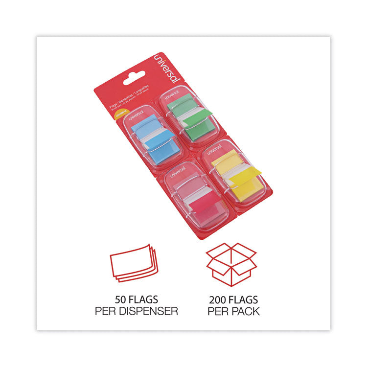 Universal® Deluxe Pop-Up Page Flags, 1 x 1.75, Four Assorted Colors, 50 Flags/Dispenser, 4 Dispensers/Pack (UNV99012) Pack of 50