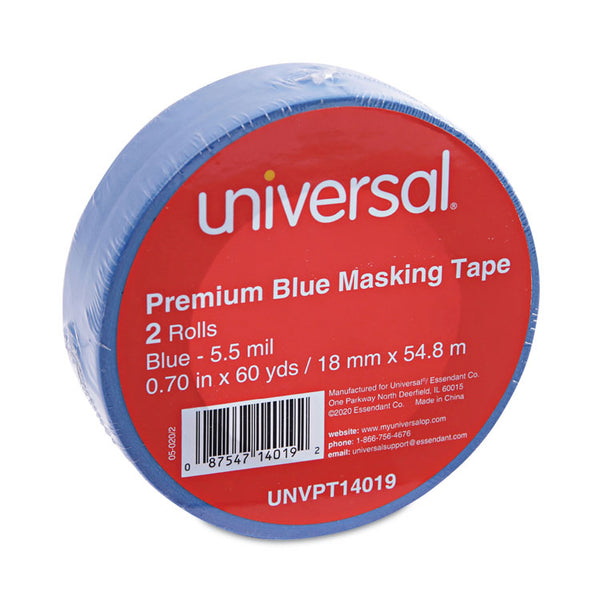 Universal® Premium Blue Masking Tape with UV Resistance, 3" Core, 18 mm x 54.8 m, Blue, 2/Pack (UNVPT14019)