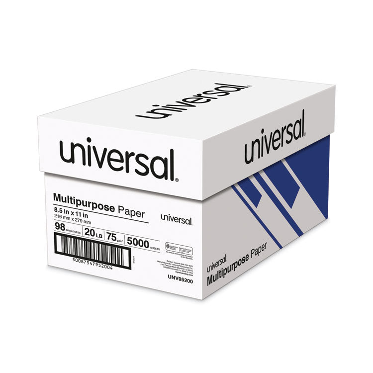 Universal® Deluxe Multipurpose Paper, 98 Bright, 20 lb Bond Weight, 8.5 x 11, Bright White, 500 Sheets/Ream, 10 Reams/Carton (UNV95200)