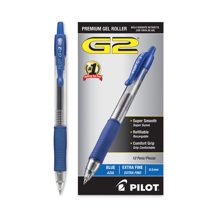 Pilot® G2 Premium Gel Pen, Retractable, Extra-Fine 0.5 mm, Blue Ink, Smoke/Blue Barrel, Dozen (PIL31003) 1 Dozen