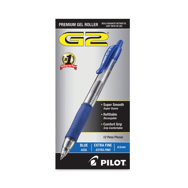 Pilot® G2 Premium Gel Pen, Retractable, Extra-Fine 0.5 mm, Blue Ink, Smoke/Blue Barrel, Dozen (PIL31003)