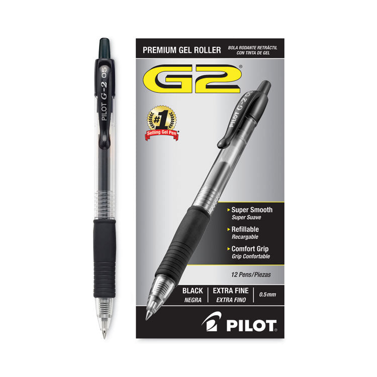 Pilot® G2 Premium Gel Pen, Retractable, Extra-Fine 0.5 mm, Black Ink, Smoke/Black Barrel, Dozen (PIL31002)