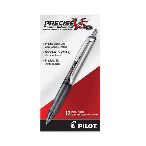 Pilot® Precise V5RT Roller Ball Pen, Retractable, Extra-Fine 0.5 mm, Black Ink, Black Barrel, Dozen (PIL26062)