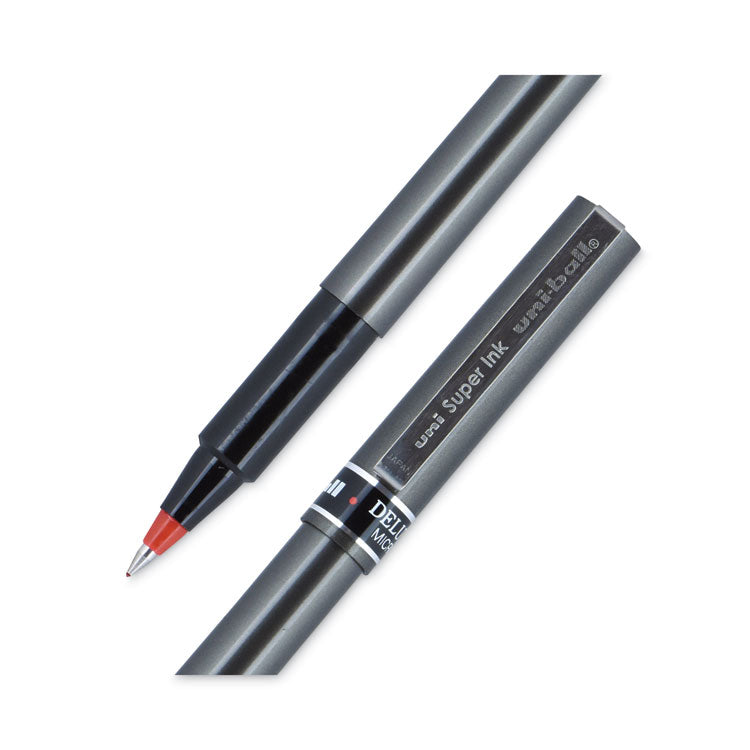 uniball&trade; Deluxe Stick Roller Ball Pen, Micro 0.5mm, Red Ink, Metallic Gray Barrel, Dozen (UBC60026) 1 Dozen