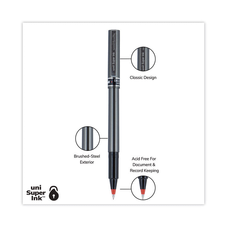 uniball&trade; Deluxe Stick Roller Ball Pen, Micro 0.5mm, Red Ink, Metallic Gray Barrel, Dozen (UBC60026) 1 Dozen