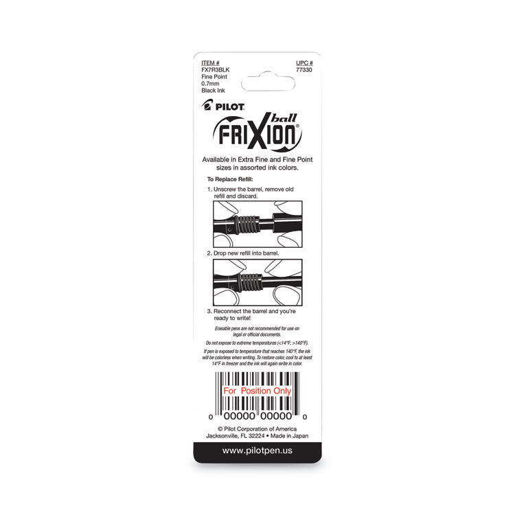 Pilot® Refill for Pilot FriXion Erasable, FriXion Ball, FriXion Clicker and FriXion LX Gel Ink Pens, Fine Tip, Black Ink, 3/Pack (PIL77330) Pack of 3