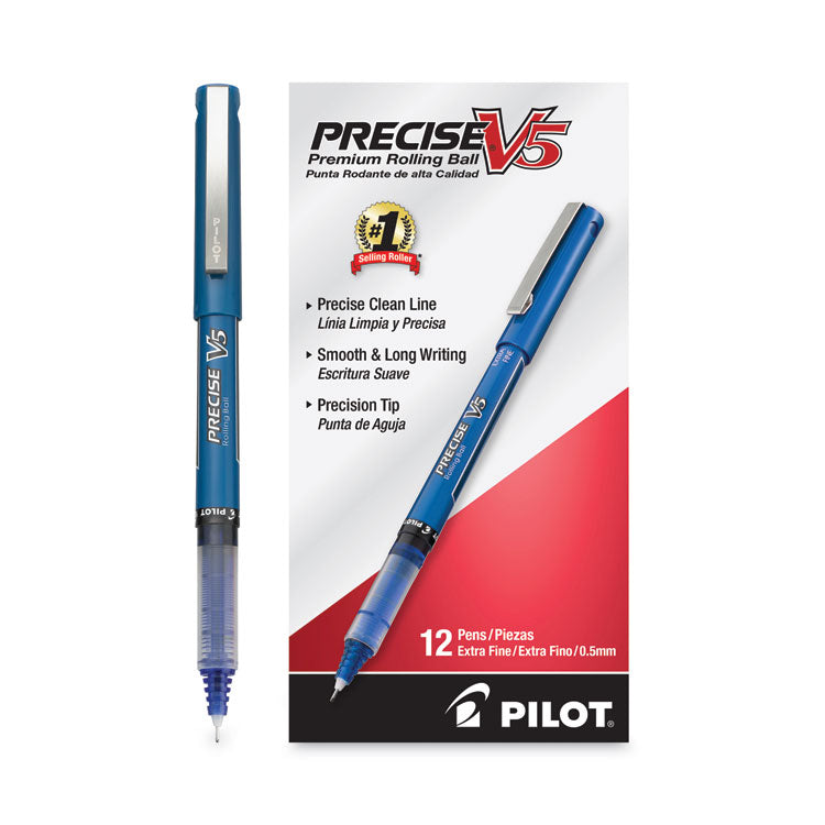 Pilot® Precise V5 Roller Ball Pen, Stick, Extra-Fine 0.5 mm, Blue Ink, Blue/Clear Barrel, Dozen (PIL35335)