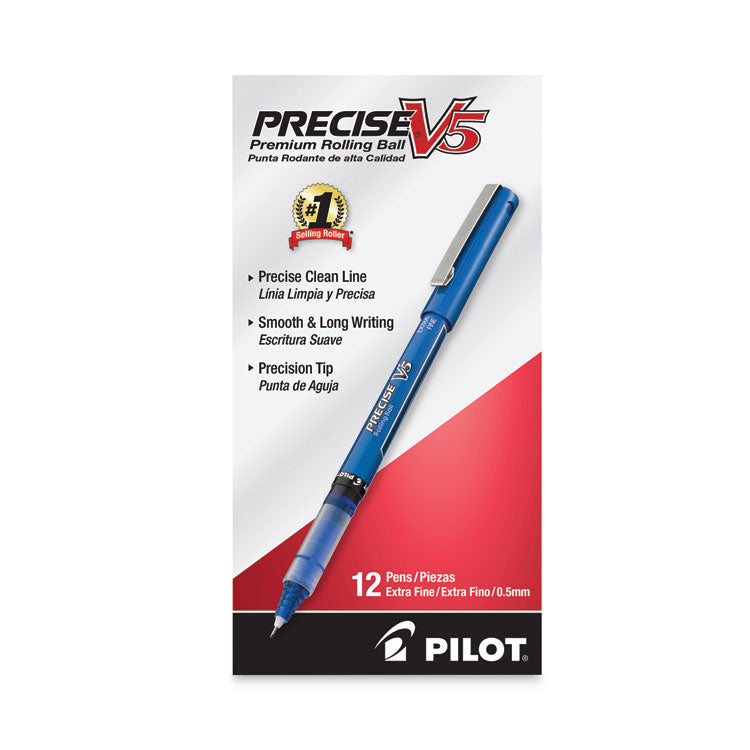 Pilot® Precise V5 Roller Ball Pen, Stick, Extra-Fine 0.5 mm, Blue Ink, Blue/Clear Barrel, Dozen (PIL35335)