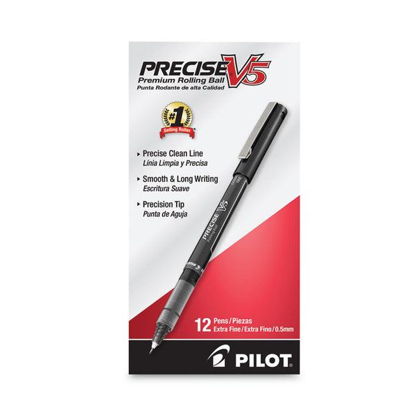 Pilot® Precise V5 Roller Ball Pen, Stick, Extra-Fine 0.5 mm, Black Ink, Black/Clear Barrel, Dozen (PIL35334)