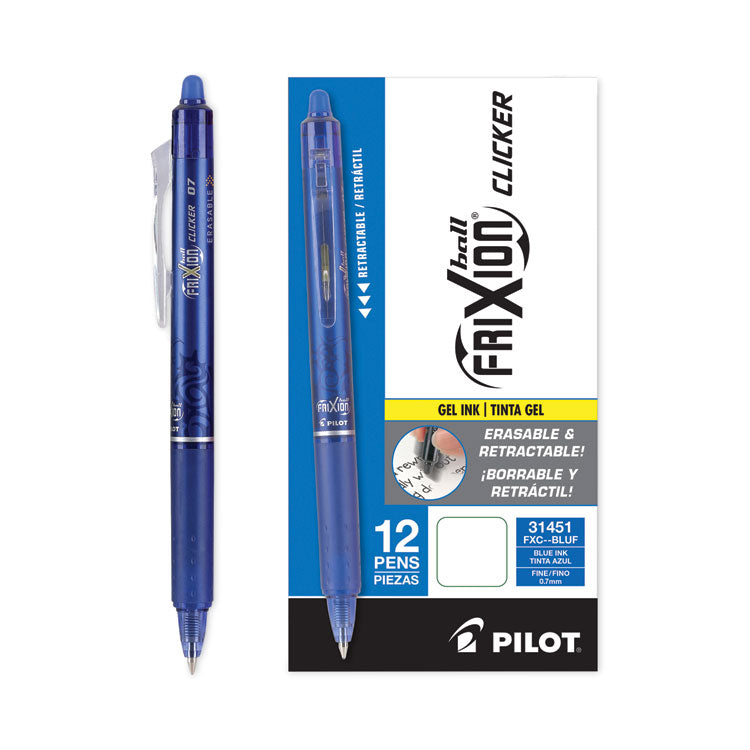 Pilot® FriXion Clicker Erasable Gel Pen, Retractable, Fine 0.7 mm, Blue Ink, Blue Barrel, Dozen (PIL31451)