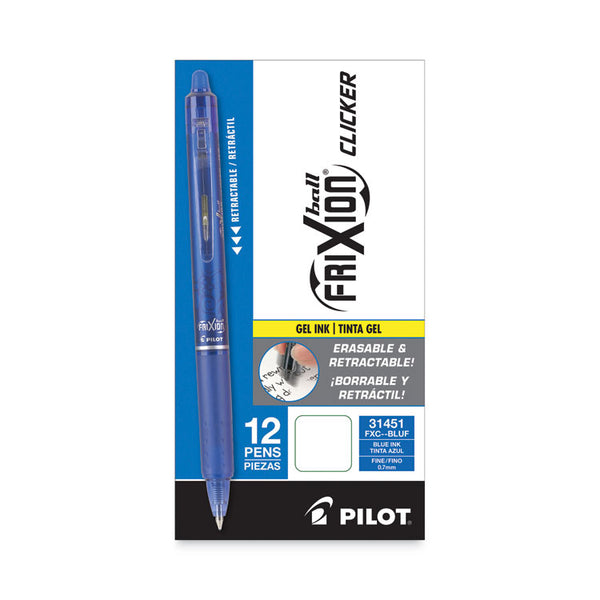 Pilot® FriXion Clicker Erasable Gel Pen, Retractable, Fine 0.7 mm, Blue Ink, Blue Barrel, Dozen (PIL31451)