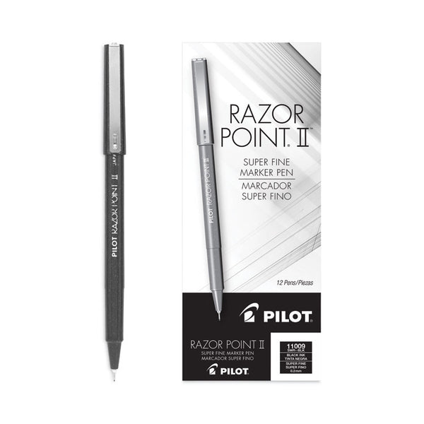 Pilot® Razor Point II Super Fine Line Porous Point Pen, Stick, Ultra-Fine 0.2 mm, Black Ink, Black Barrel, Dozen (PIL11009)