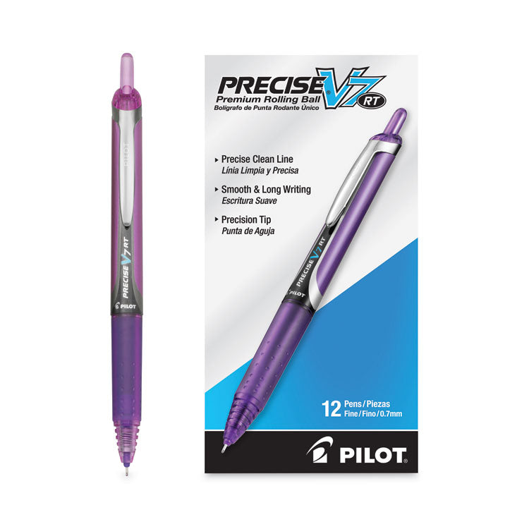 Pilot® Precise V7RT Roller Ball Pen, Retractable, Fine 0.7 mm, Purple Ink, Purple Barrel (PIL26071) 1 Dozen