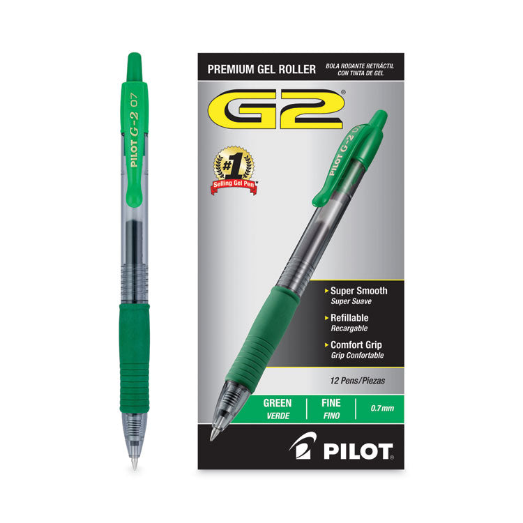 Pilot® G2 Premium Gel Pen, Retractable, Fine 0.7 mm, Green Ink, Smoke/Green Barrel, Dozen (PIL31025)