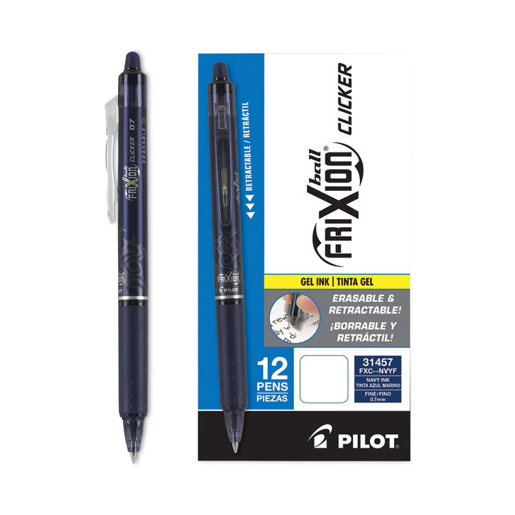 Pilot® FriXion Clicker Erasable Gel Pen, Retractable, Fine 0.7 mm, Navy Ink, Navy Barrel, Dozen (PIL31457)