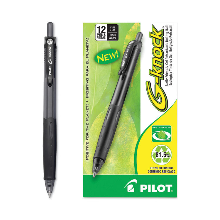 Pilot® G-Knock BeGreen Gel Pen, Retractable, Fine 0.7 mm, Black Ink, Smoke/Black Barrel, Dozen (PIL31506)