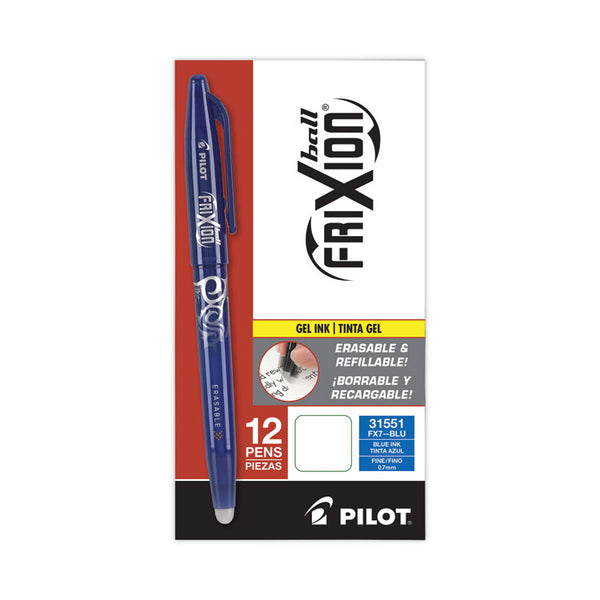 Pilot® FriXion Ball Erasable Gel Pen, Stick, Fine 0.7 mm, Blue Ink, Blue Barrel, Dozen (PIL31551)