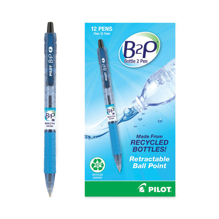 Pilot® B2P Bottle-2-Pen Recycled Ballpoint Pen, Retractable, Fine 0.7 mm, Black Ink, Translucent Blue Barrel, Dozen (PIL32600)