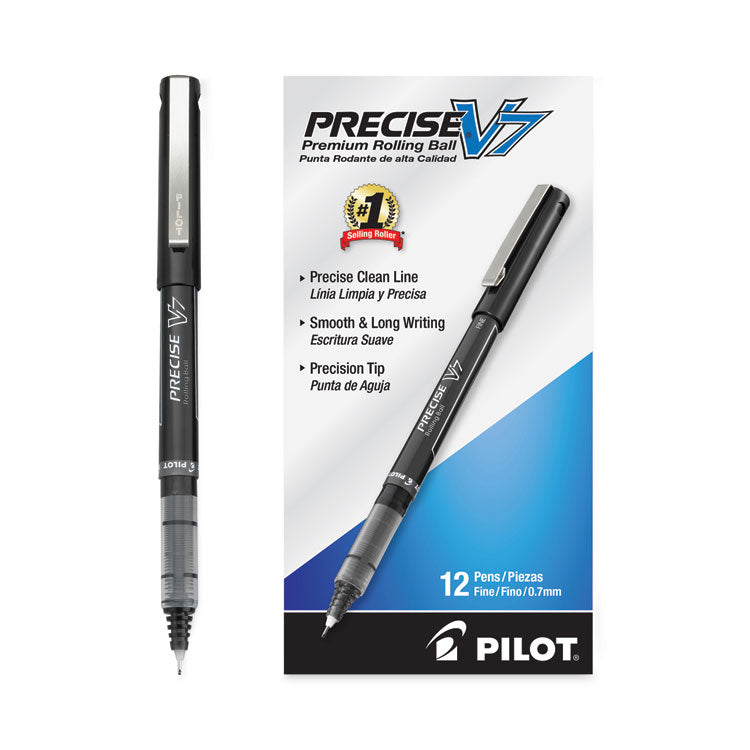 Pilot® Precise V7 Roller Ball Pen, Stick, Fine 0.7 mm, Black Ink, Black/Clear Barrel, Dozen (PIL35346)