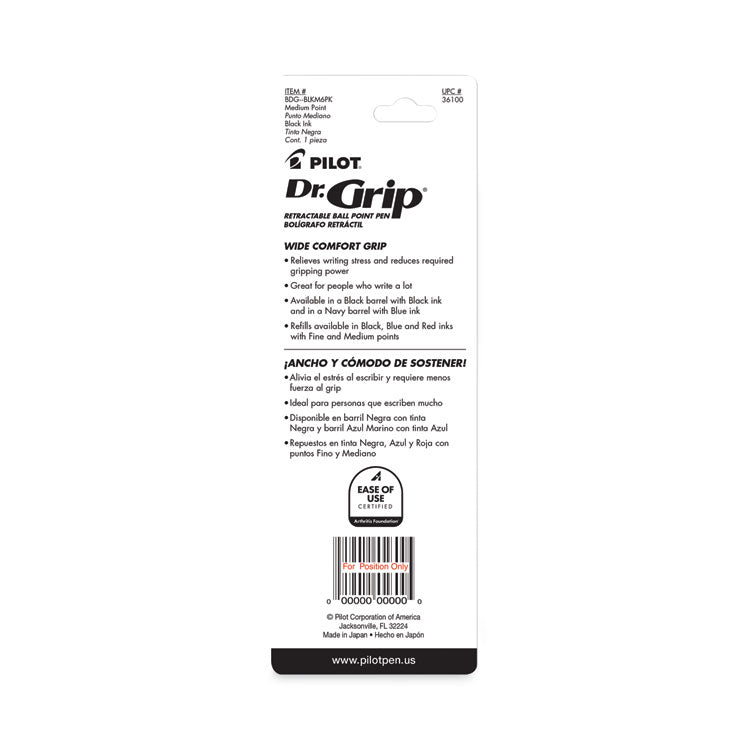 Pilot® Dr. Grip Ballpoint Pen, Retractable, Medium 1 mm, Black Ink, Black Barrel (PIL36100) Each
