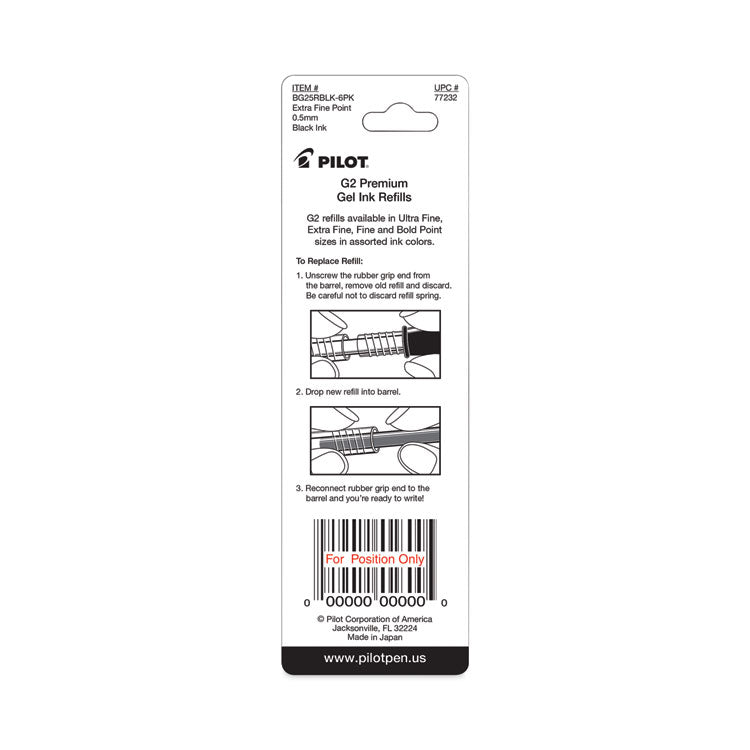 Pilot® Refill for Pilot B2P, Dr Grip, G2, G6, MR Metropolitan, Precise BeGreen and Q7 Gel Pens, Extra-Fine Tip, Black Ink, 2/Pack (PIL77232)