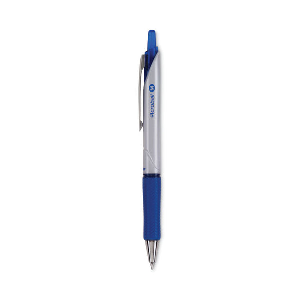 Pilot® Acroball Pro Advanced Ink Hybrid Gel Pen, Retractable, Medium 1 mm, Blue Ink, Silver/Blue Barrel, Dozen (PIL31911)