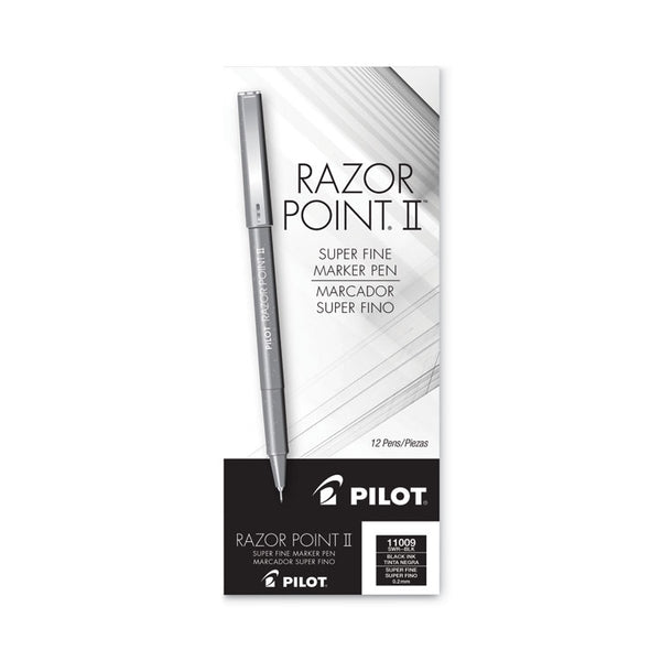 Pilot® Razor Point II Super Fine Line Porous Point Pen, Stick, Ultra-Fine 0.2 mm, Black Ink, Black Barrel, Dozen (PIL11009)